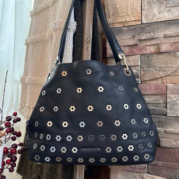 Michael Kors Black Leather Raven Silver Flower Stud Large Shoulder Tote Purse - Picture 5 of 16